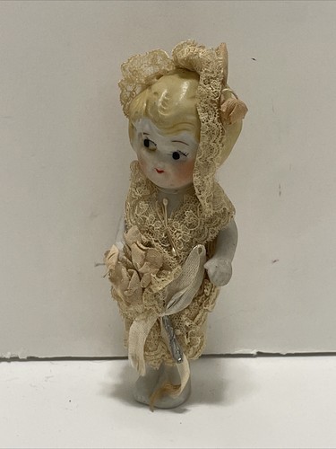 Antique 1920’s Bisque Kewpie Bride Doll Tambour Wedding Dress~Veil Flowers - Picture 2 of 5