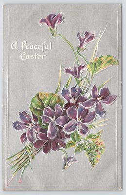 A Peaceful Easter~Violets On Light Blue Background~Embossed~Vintage Postcard