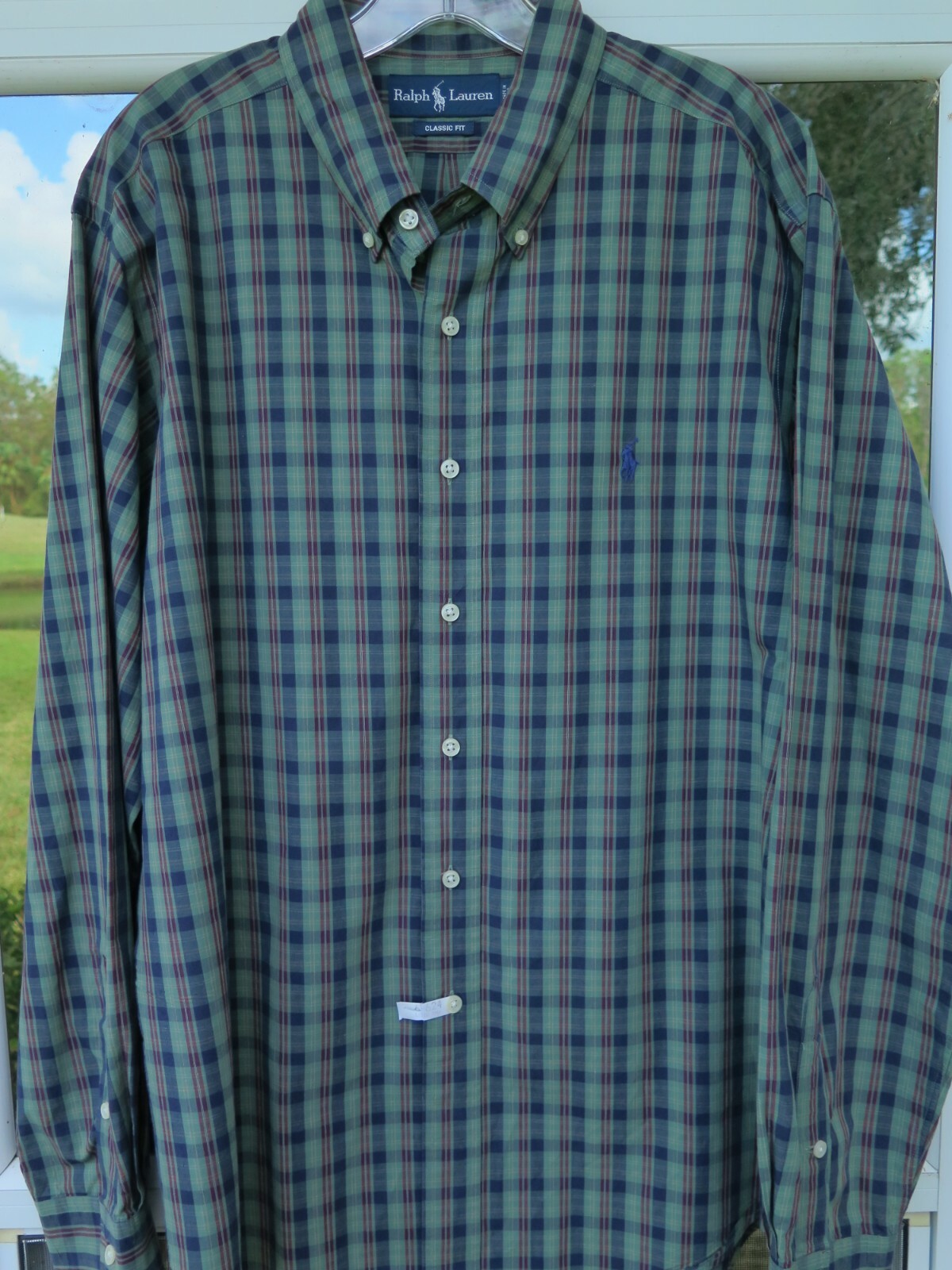 Polo Ralph Lauren uomo verde quadri quadri blu pony vestibilità classica camicia casual XL