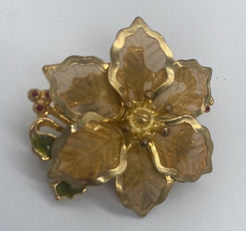 Vintage Christmas Poinsetta Holly Berry Gold Mesh Brooch signed Kenneth Cole - Picture 2 of 8