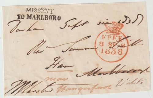 1838 FREE FRONT EX DURHAM HANDSTRUCK MISSENT TO MARLBORO - REDIRECTED HUNGERFORD