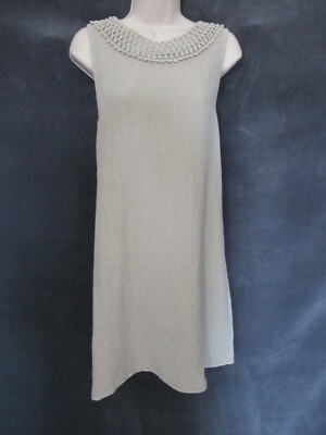 Senza Tempo Italy Khaki Beige Linen Crochet Detail Sleeveless Mini Shift Dress L