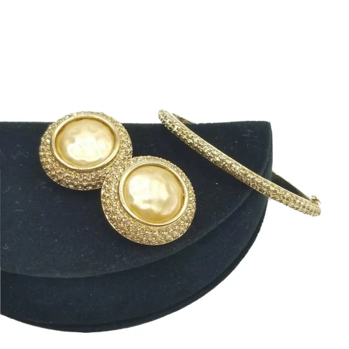 Vtg SET 2pc CAROLEE Bangle Bracelet Faux Pearl Earrings Crystals Jewelry