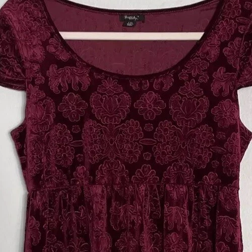 Vestido Babydoll Terciopelo Burnout L Borgoña Hi-lo Midi Hada Años 90 Y2K Caprichoso Foto 3 de 4