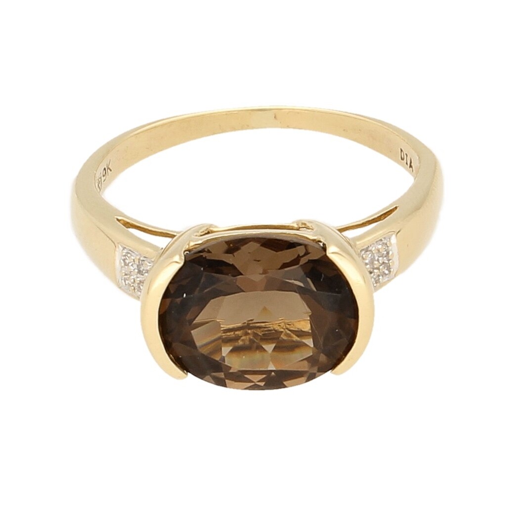 9Carat Yellow Gold Smoky Quartz Solitaire & Diamond Accents Ring (Size T)12x10mm