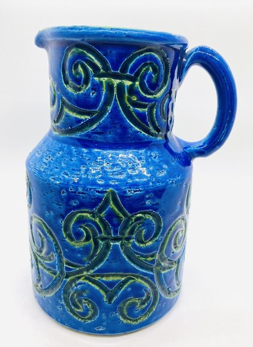 Vintage Mid Century Aldo Londi Bitossi Blue Green Italy Art Pottery Pitcher - Picture 2 of 10