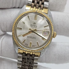 VINTAGE OPEL DELUXE TWONTONE WRIST WATCH DATE FLUTTED BEZEL PARTS/REPAIR