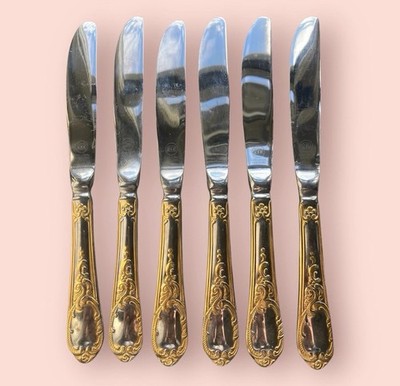 6 x Vintage Solingen Carl Schmidt Sohn Tafelmesser Edelstahl & vergoldeter Ton
