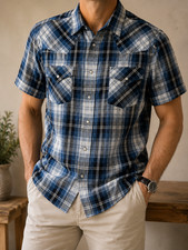 Plains Western Wear Shirt Plaid Pearl Snap Mens Short Sleeve Large Cowboy