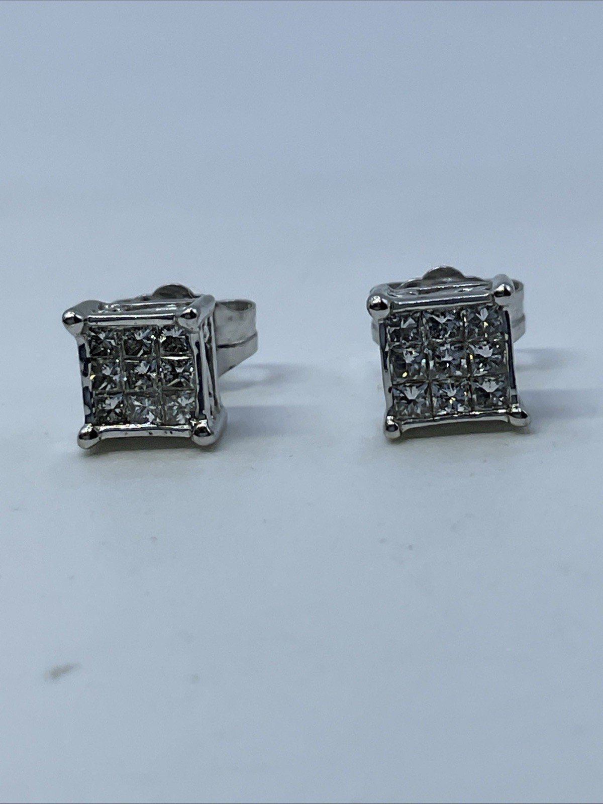 STUD Earrings Solid 14K White Gold Invisible Set … - image 10