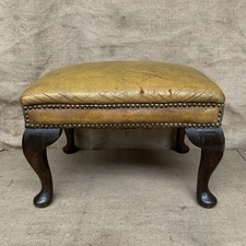 Footstool Yellow / Mustard Leather Queen Ann Legs - Rustic Farmhouse - Vintage
