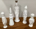 LOT OF 5 VINTAGE AVON MILK WHITE BOTTLES - 3 LADIES-ROSE VASE-HAND VASE BOTTLES