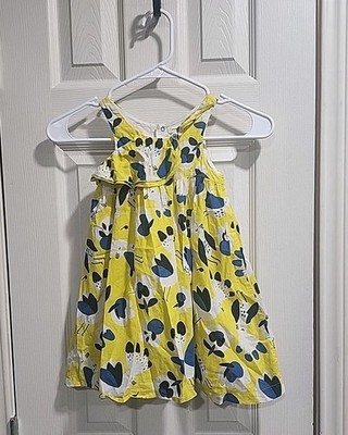 Catimini Girls 4 Yellow Abstract Floral Bird Print Summer Dress Cotton