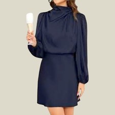 Women Mini Cocktail Dress S Navy Satin Drape Mock Neck LS Indie Sleaze Elegant