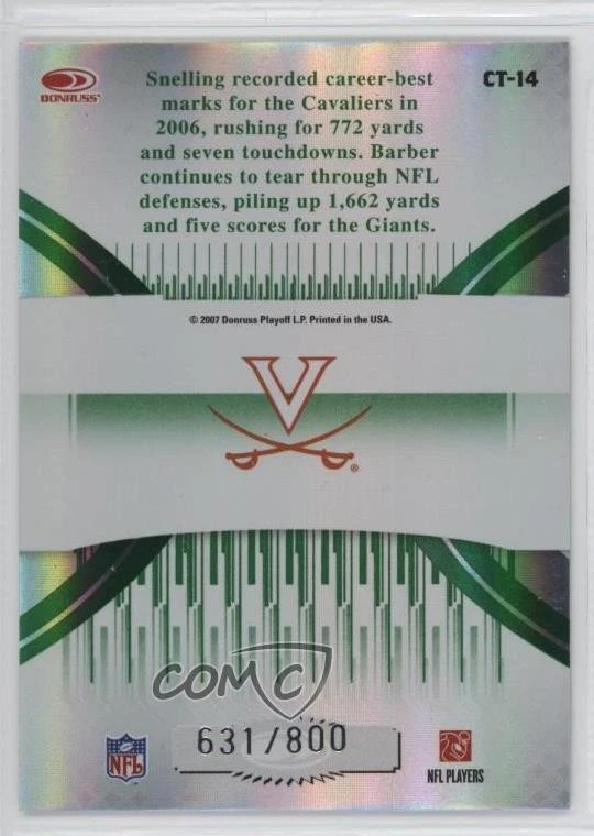 2007 Donruss Elite College Ties Green /800 Tiki Barber Jason Snelling Rookie RC - Image 2 of 2