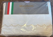 Maurizio Italy Queen Sheet Set White Cotton Gold/Tan Scalloped Lux Bedding
