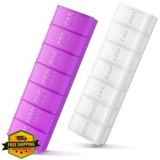 INZOO XL Pill Organizer 2Pk 7 Day Weekly Medicine Box Supplements White Purple