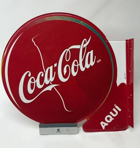 Vintage Flange Double Sided Coke Cola Metal Sign Advertising COKE Aqui 19”