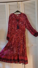 Frye and Co. Womens XL Boho Midi Dress Long Sleeve Smocked Waist Burgundy Floral