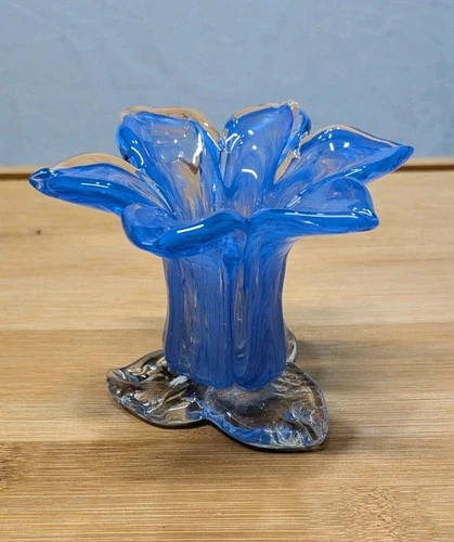 Vintage Murano Glass Blue White Flower Shape Bud Vase Hand Blown Italy Art Glass