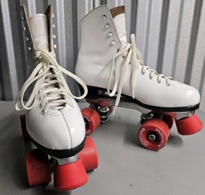 Vintage  80's White Leather Dominion Marathon Quad Roller Skates Size 7