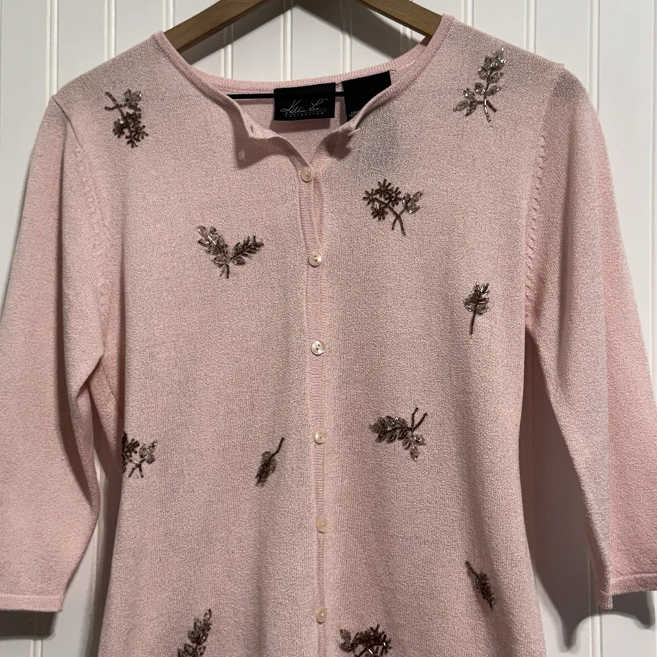 Cárdigan Floral Con Cuentas Rosa Kathie Lee De Colección S Balletcore Coqueta Manga 3/4 Tejido Foto 2 de 4