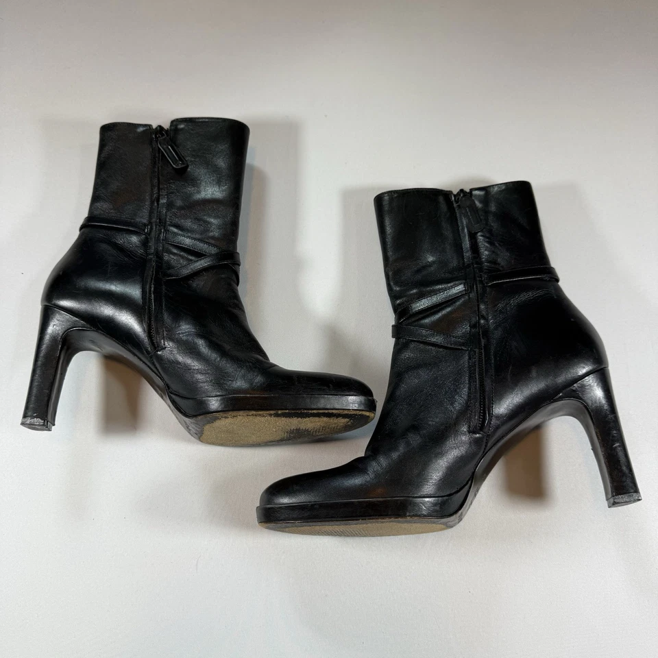 Antonio Melani Vtg Leather Buckle Mid Calf Round Toe Heel Boots Black Wms 8.5 - Image 2 of 4