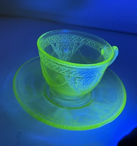 Georgian Love Birds Federal Glass Company Uranium Glass Green Cup & Saucer Glow