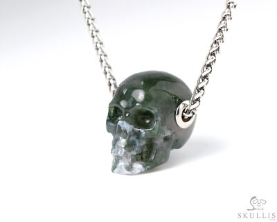 Necklace of Green Moss Agate Hand Carved Crystal Skull