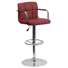 Contemporary Burgundy Quilted Vinyl Adjustable Height Bar Stool with Arms