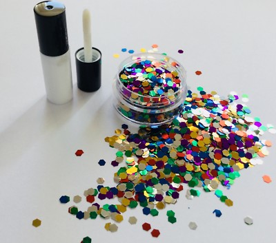 FESTIVAL GESICHT/KÖRPER/HAAR SET - 4ml KLEBER + 3mm MEHRFARBIG HEXAGON GLITTER 10g TOPF 