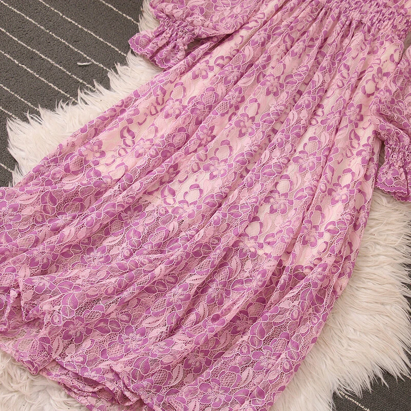 OFF WHITE Abito da donna in pizzo vita lunga ricamo floreale manica lunga alta abito a linea