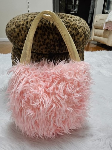 Furry Pink Faux Monster Fur Small Tote Bag Purse Gold Metallic Dot 2 Handles - Picture 4 of 10