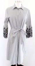 Calvin Klein Gray Striped Floral Embroidered Bell Sleeve Shirt Dress Tie Size 4