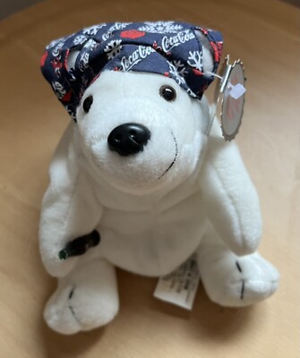 Vintage Coca Cola Polar Bear Bean Bag Plush w Blue Snowflake Hat