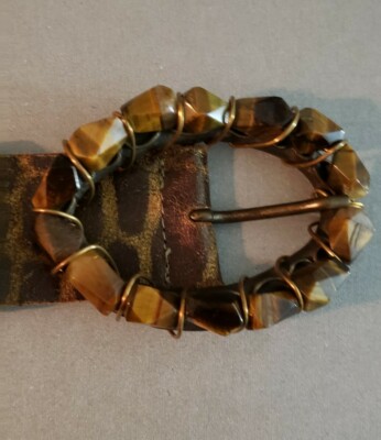 Garuglieri Italy Leather Belt w/ Tiger Eye… Garuglieri Leather Belt Woman Sz M Brown Metalic Gold Tiger  main image 2
