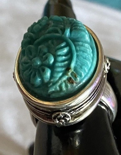 Impresionante Anillo BARSA Plata de Ley 925 y Rosas Talladas en Turquesa Talla 7.5 - Imagen 7 de 13