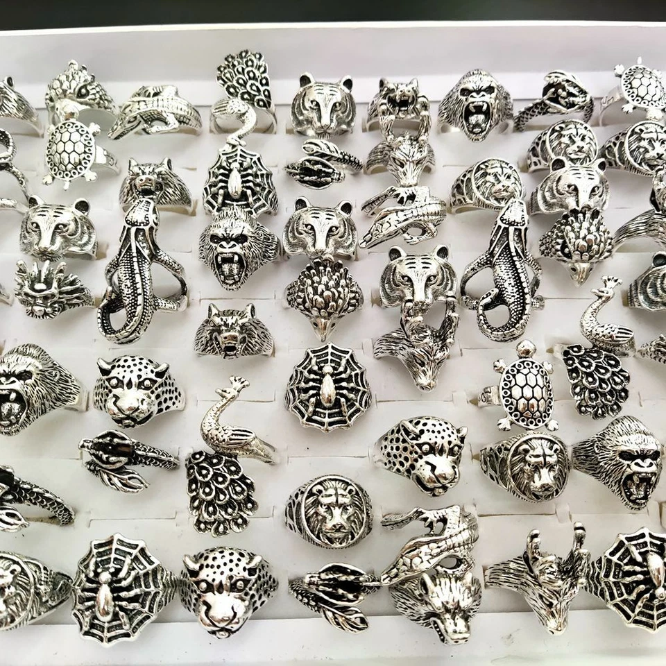 Anillo cabeza animal estilo punk 30 piezas aleación metal plata placa joyería Foto 2 de 4