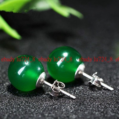Natural 10mm Green Red Black Jade/Agate Round Gemstone 925 Silver Stud Earrings - Picture 12 of 15
