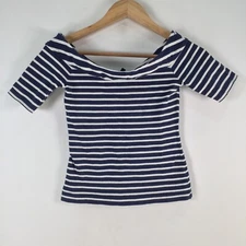 French connection womens blouse top size XS navy blue striped short sleeve101555