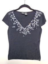 Finity Studio Blouse Top Women Medium Black Floral Embellished V-Neck Cap Sleeve