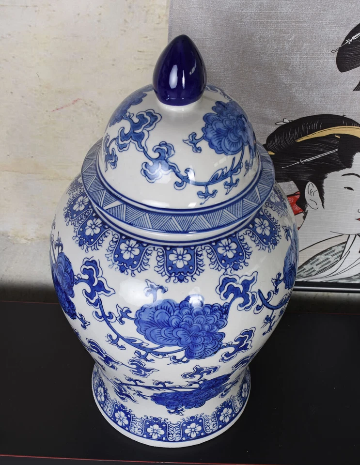 Chinesische Deckelvase Antik Deckelgefäss Amphore Blau Weiss Porzellanvase 50cm - Bild 3 von 4