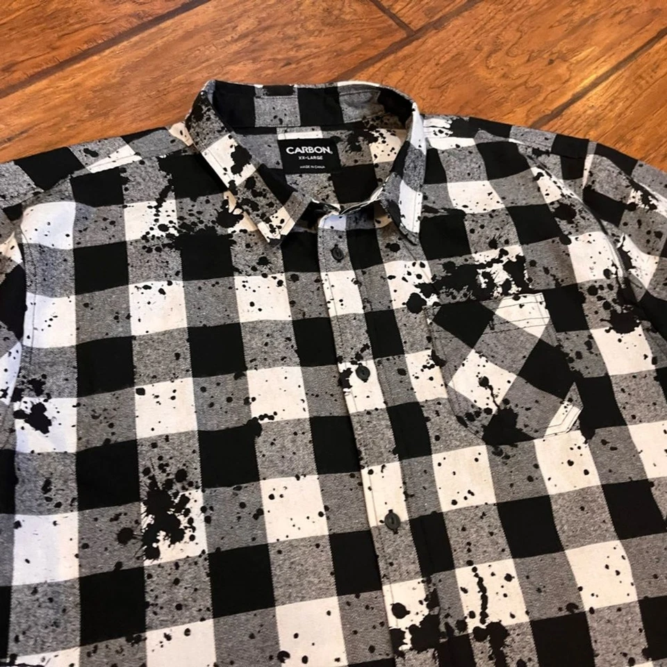 Camisa masculina carbono XXL preta branca xadrez botão quadriculado para cima pintura macia estampada - Imagem 3 de 4