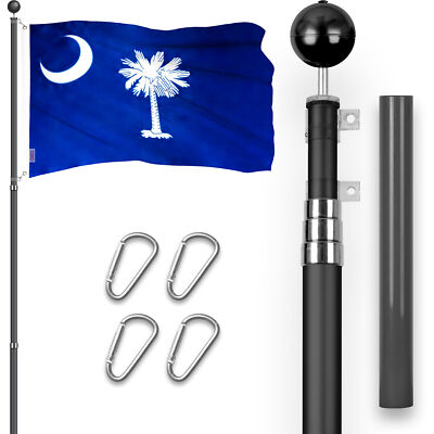 16 Ft Telescoping Flagpole Black & South Carolina SC State Flag 3x5 Ft Emb 300D