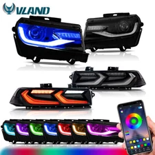 VLAND RGB Style LED Headlights + Red Tail Lights For 2014 2015 Chevrolet Camaro