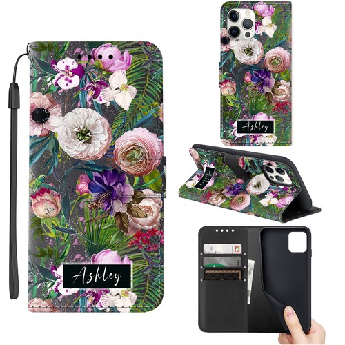 Custom Name Flower Leather Phone Case Cover For iPhone 16 Pro Max 15 14 13 12 11 - Picture 29 of 48