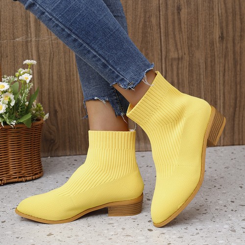 Women Sock Ankle Boots Ladies Winter Mid Calf Comfy Chunky Heel Shoes Flat - Picture 9 of 12