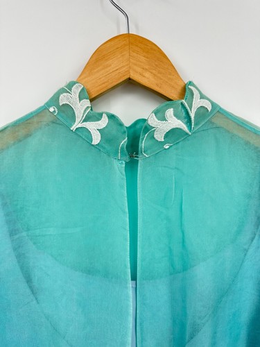 60s-70s Cocktail Pencil Dress SZ 6 Aqua Chiffon Embroidered Scallop Band-Collar - Picture 11 of 16