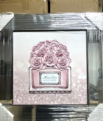 Rosen Liquid Art Bild Parfüm Blume Rosa Glitzer Spiegelrahmen 3D 55x55 cm