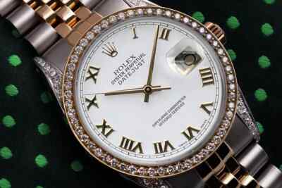 Rolex Datejust 36 mm White Roman Dial with Diamonds Two Tone Jubilee Watch